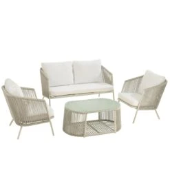 J-Line Set Eli 4P Zetels+Tafels+Kussens Metaal|Touw Grijs