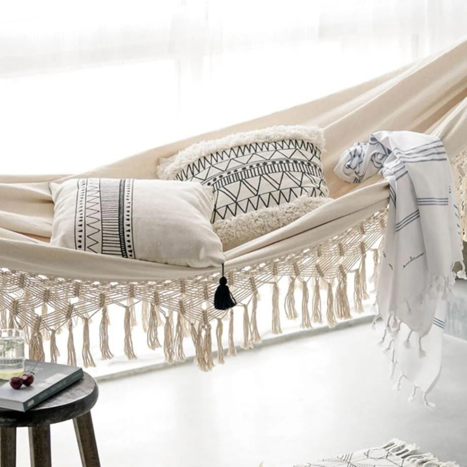 QUVIO Hangmat Katoen 280x150 Cm - Wit 4 QUVIO Hangmat Katoen 280x150 Cm - Wit - Afbeelding 2