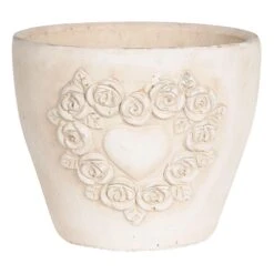 Clayre & Eef Bloempot 17x17x15 Cm Wit Terracotta Rond Rozen Bloempot