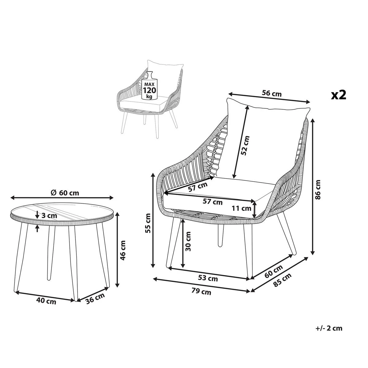 Beliani - LAURETO - Bistroset Voor 2 - Natuurlijk - PE Rotan 14 Beliani - LAURETO - Bistroset Voor 2 - Natuurlijk - PE Rotan - Afbeelding 12