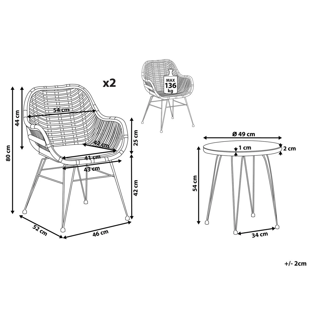Beliani - TROPEA II - Bistroset Voor 2 - Natuurlijk - PE Rotan 14 Beliani - TROPEA II - Bistroset Voor 2 - Natuurlijk - PE Rotan - Afbeelding 12