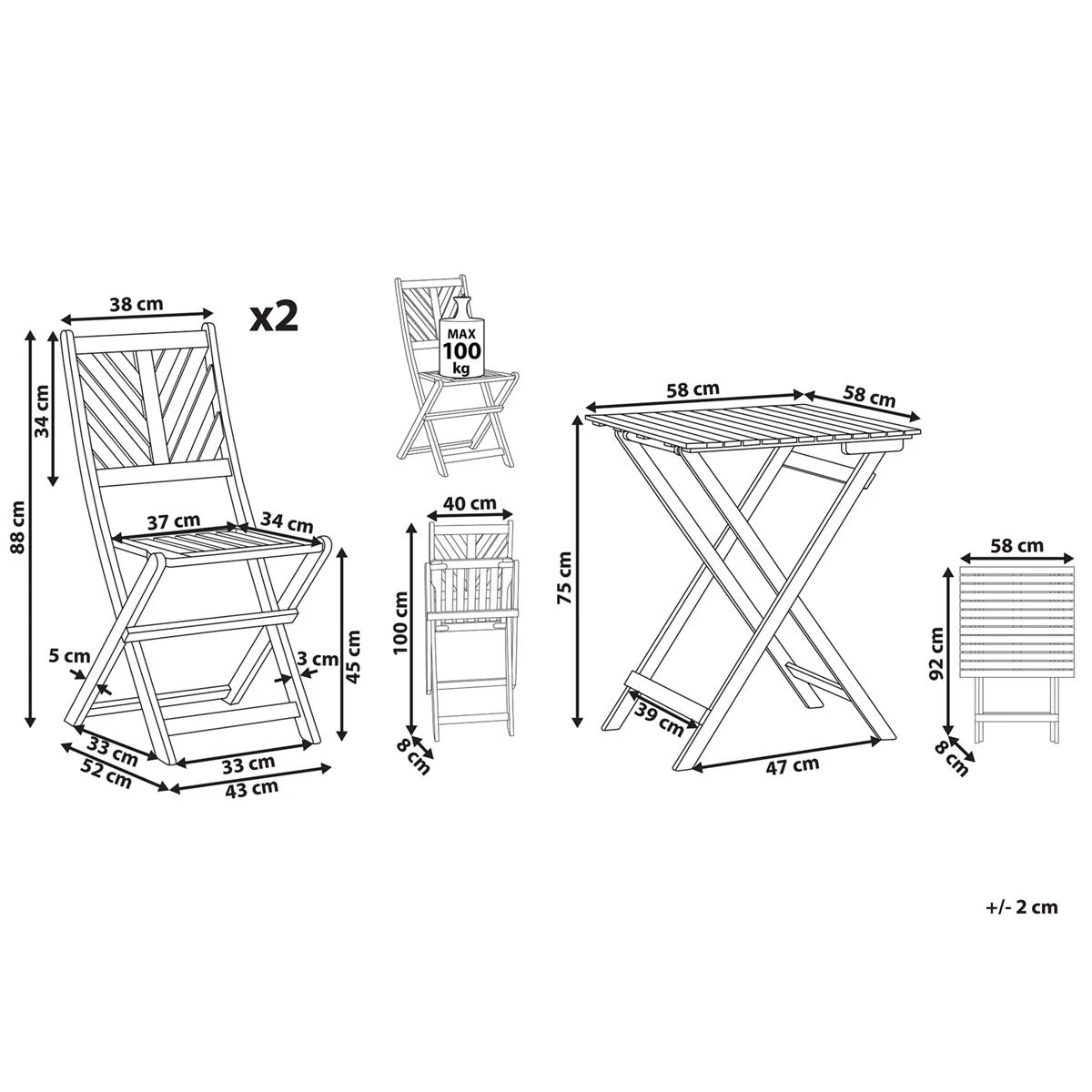 Beliani - TERNI - Bistroset Voor 2 - Lichte Houtkleur - Acaciahout 14 Beliani - TERNI - Bistroset Voor 2 - Lichte Houtkleur - Acaciahout - Afbeelding 12