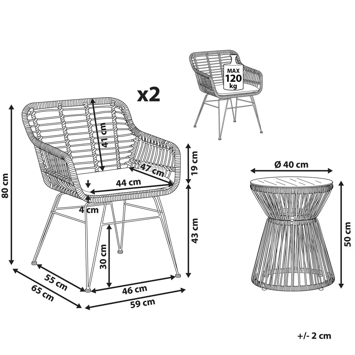 Beliani - TRESTINA - Bistroset Voor 2 - Natuurlijk - PE Rotan 13 Beliani - TRESTINA - Bistroset Voor 2 - Natuurlijk - PE Rotan - Afbeelding 11