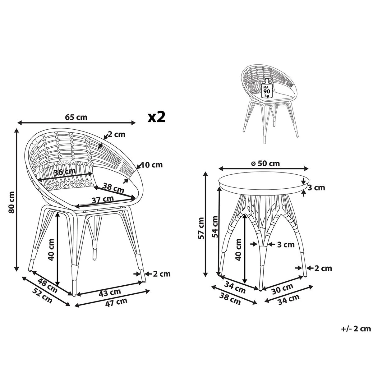 Beliani - PELLARO - Bistroset Voor 2 - Natuurlijk - PE Rotan 9 Beliani - PELLARO - Bistroset Voor 2 - Natuurlijk - PE Rotan - Afbeelding 7